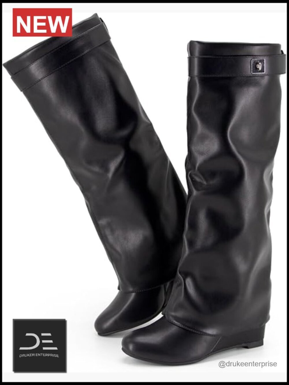 Fold Over Knee High Boots Wedge Heel Pointed Toe Slouchy Wide Calf Side Zip PU